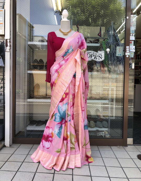 Floral Print Handwork Chinon Saree